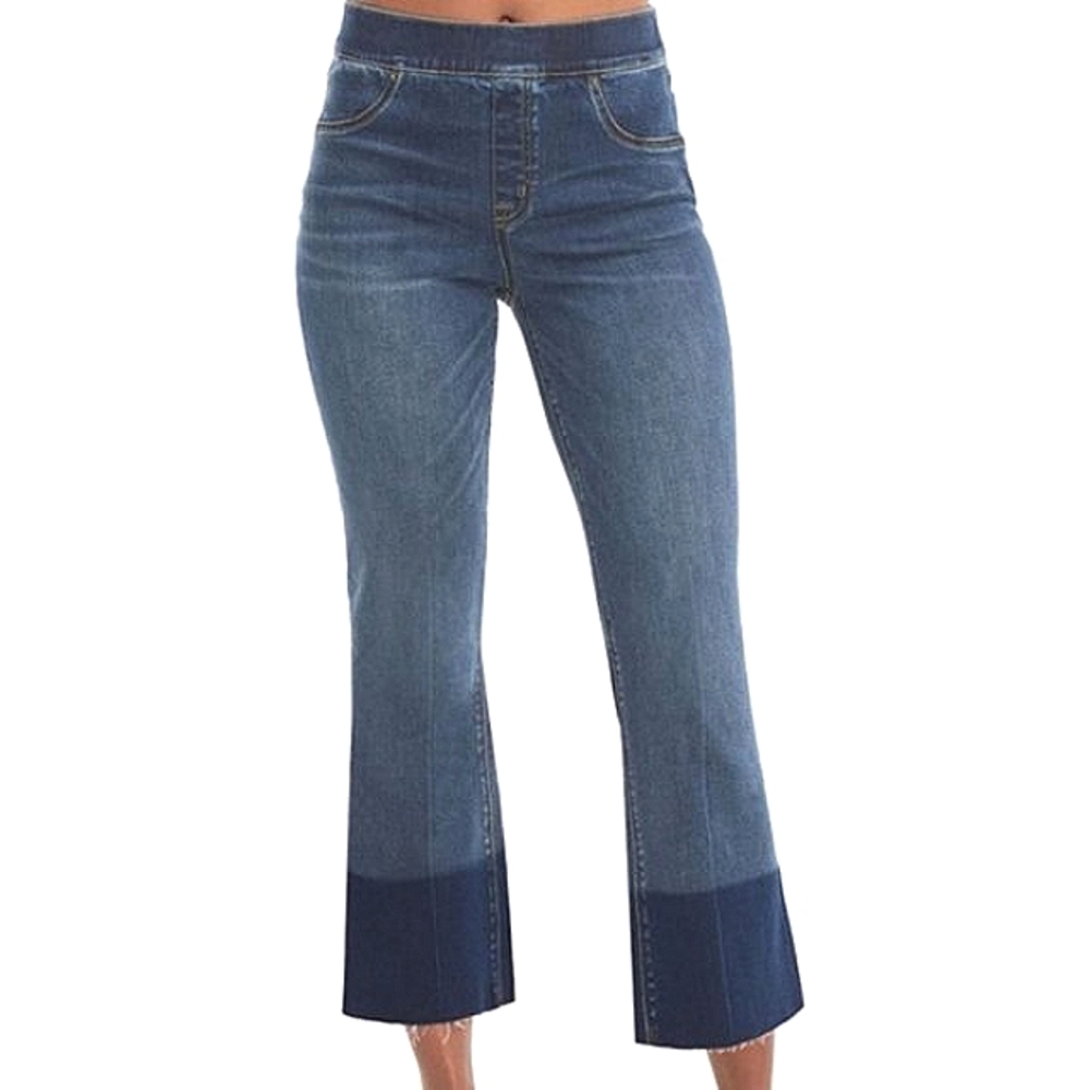 SPANX CROPPED FLARE JEANS SZ S RAW HEM DIP DYED HIGH RISE SLIMMING TRENDY MODERN